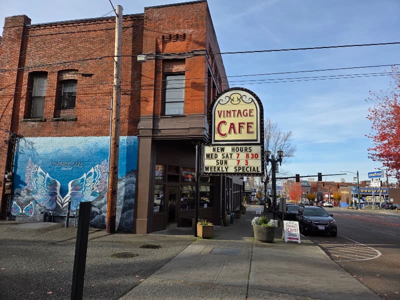 The historic brick building that houses Vintage Cafe on Hewitt Ave in downtown Everett