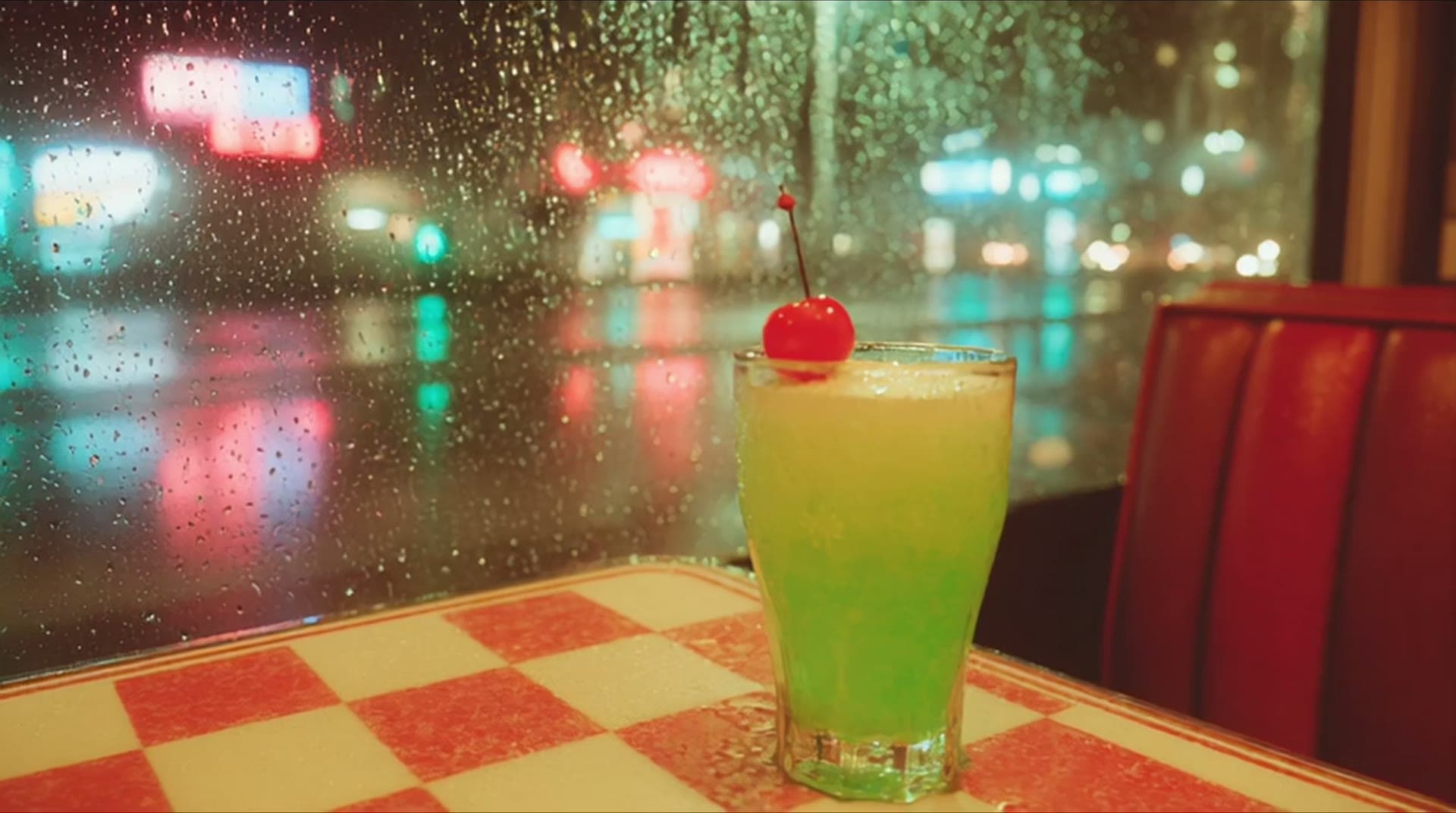 A cherry-topped green soda on a checkered diner table beside a rain-streaked window with neon lights outside